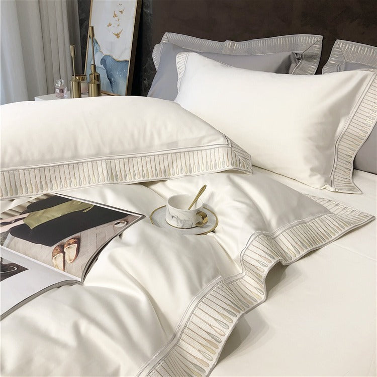 VILZSTUDIOS ivory and grey duvet cover set with gold and beige droplet embroidered borders