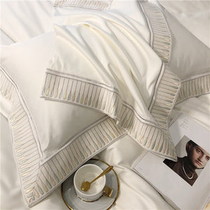 VILZSTUDIOS ivory and grey duvet cover set with gold and beige droplet embroidered borders
