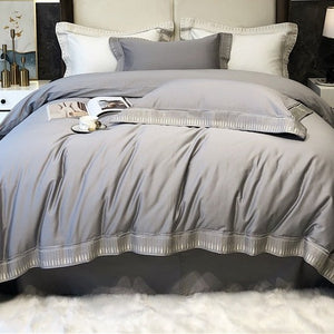 VILZSTUDIOS ivory and grey duvet cover set with gold and beige droplet embroidered borders
