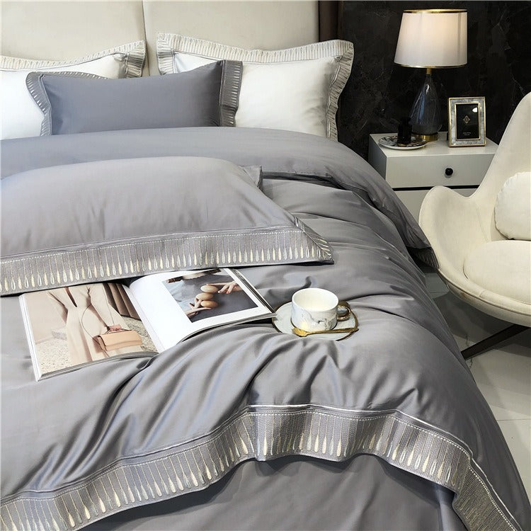 VILZSTUDIOS ivory and grey duvet cover set with gold and beige droplet embroidered borders