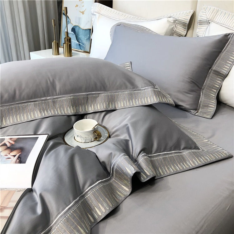 VILZSTUDIOS ivory and grey duvet cover set with gold and beige droplet embroidered borders