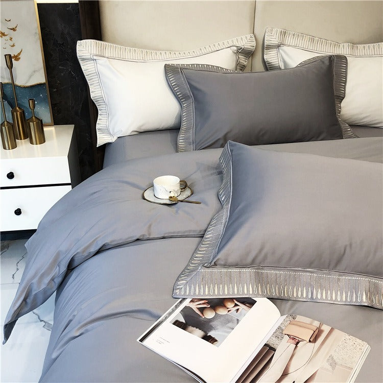 VILZSTUDIOS ivory and grey duvet cover set with gold and beige droplet embroidered borders