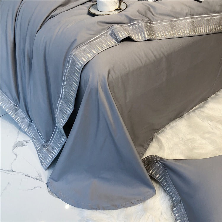 VILZSTUDIOS ivory and grey duvet cover set with gold and beige droplet embroidered borders