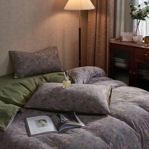 VILZSTUDIOS dusty lilac floral duvet cover set with olive-green reverse and gathered floral sheet ruffle