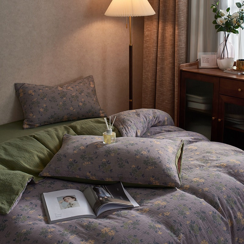 VILZSTUDIOS dusty lilac floral duvet cover set with olive-green reverse and gathered floral sheet ruffle