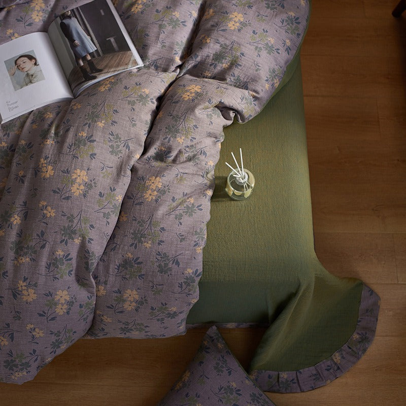 VILZSTUDIOS dusty lilac floral duvet cover set with olive-green reverse and gathered floral sheet ruffle