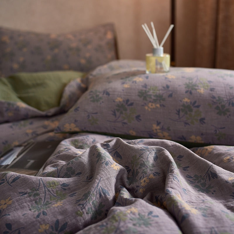 VILZSTUDIOS dusty lilac floral duvet cover set with olive-green reverse and gathered floral sheet ruffle