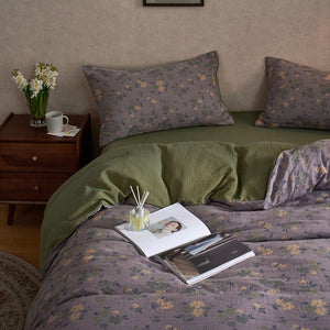 VILZSTUDIOS dusty lilac floral duvet cover set with olive-green reverse and gathered floral sheet ruffle