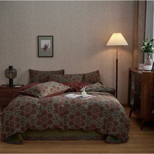 VILZSTUDIOS dusty lilac floral duvet cover set with olive-green reverse and gathered floral sheet ruffle