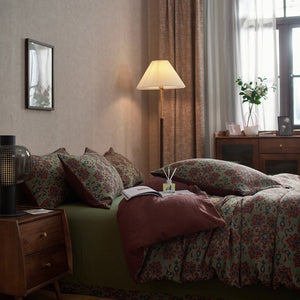 VILZSTUDIOS dusty lilac floral duvet cover set with olive-green reverse and gathered floral sheet ruffle