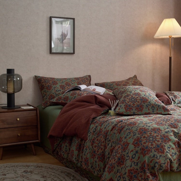 VILZSTUDIOS dusty lilac floral duvet cover set with olive-green reverse and gathered floral sheet ruffle