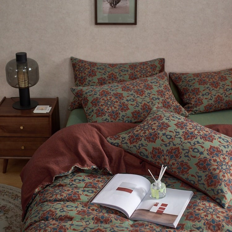 VILZSTUDIOS dusty lilac floral duvet cover set with olive-green reverse and gathered floral sheet ruffle