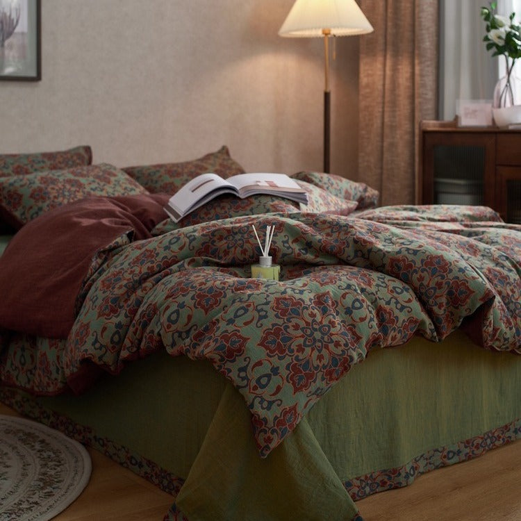 VILZSTUDIOS dusty lilac floral duvet cover set with olive-green reverse and gathered floral sheet ruffle