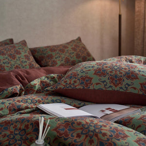 VILZSTUDIOS dusty lilac floral duvet cover set with olive-green reverse and gathered floral sheet ruffle