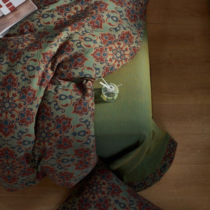 VILZSTUDIOS dusty lilac floral duvet cover set with olive-green reverse and gathered floral sheet ruffle