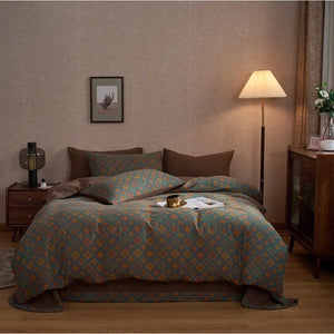 VILZSTUDIOS dusty lilac floral duvet cover set with olive-green reverse and gathered floral sheet ruffle