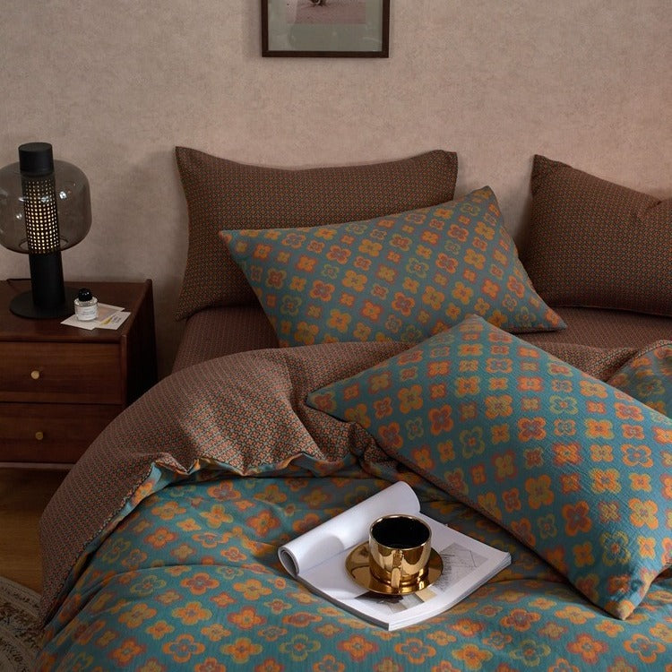 VILZSTUDIOS dusty lilac floral duvet cover set with olive-green reverse and gathered floral sheet ruffle