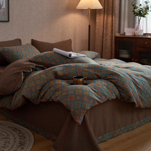VILZSTUDIOS dusty lilac floral duvet cover set with olive-green reverse and gathered floral sheet ruffle