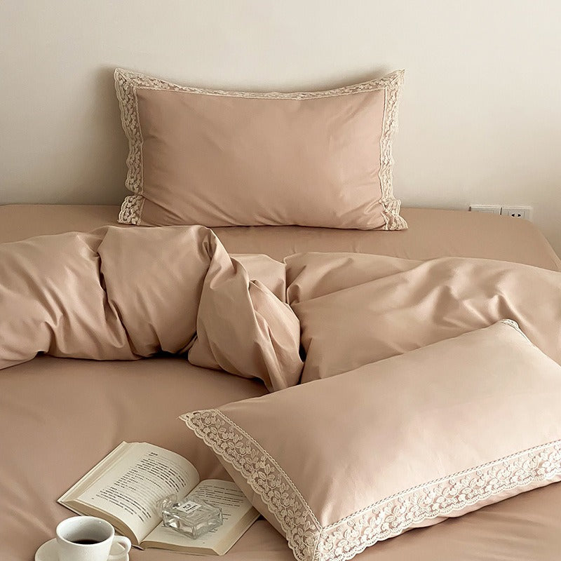 VILZSTUDIOS dusty rose cotton duvet cover set with scalloped floral lace borders