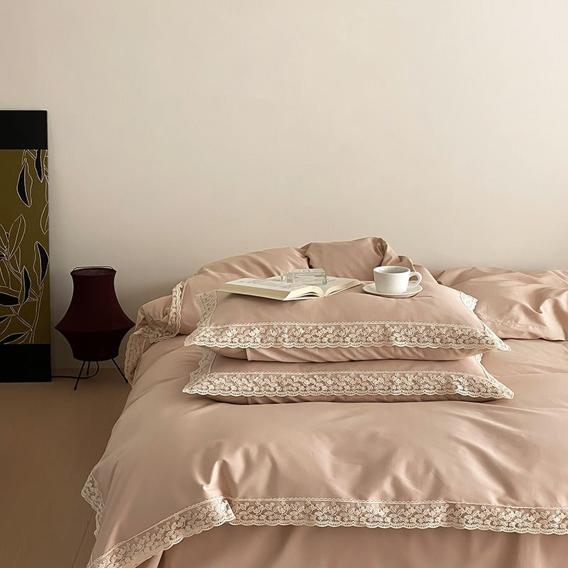 VILZSTUDIOS dusty rose cotton duvet cover set with scalloped floral lace borders