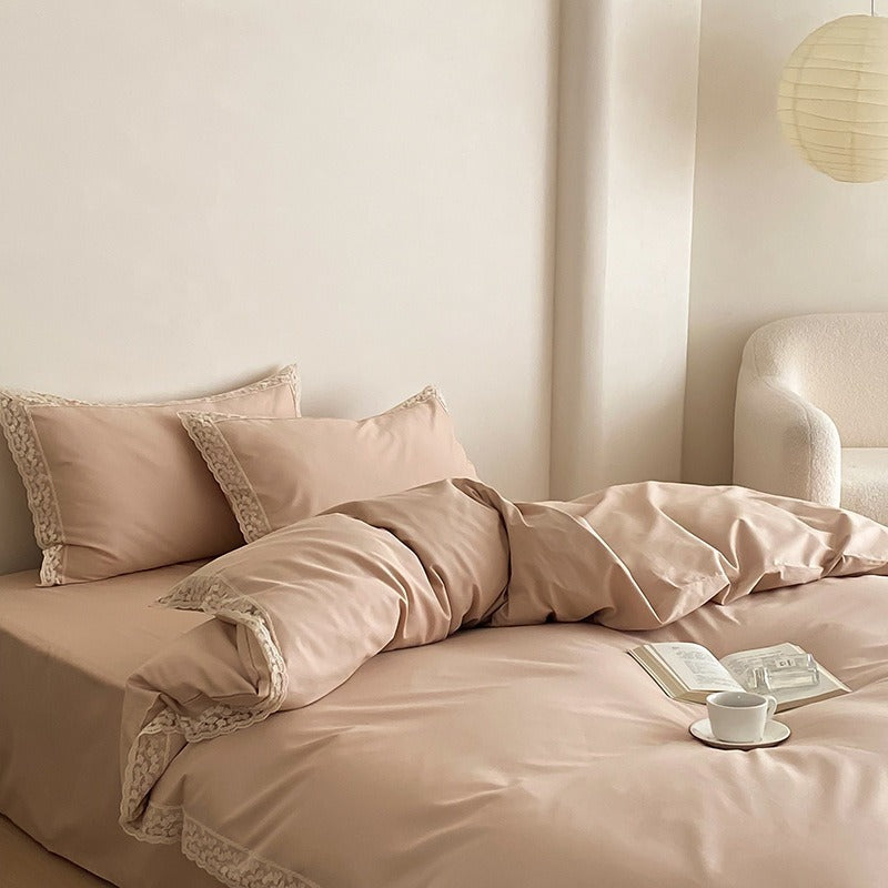 VILZSTUDIOS dusty rose cotton duvet cover set with scalloped floral lace borders