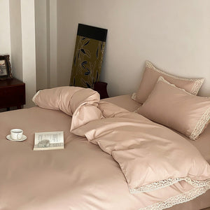 VILZSTUDIOS dusty rose cotton duvet cover set with scalloped floral lace borders