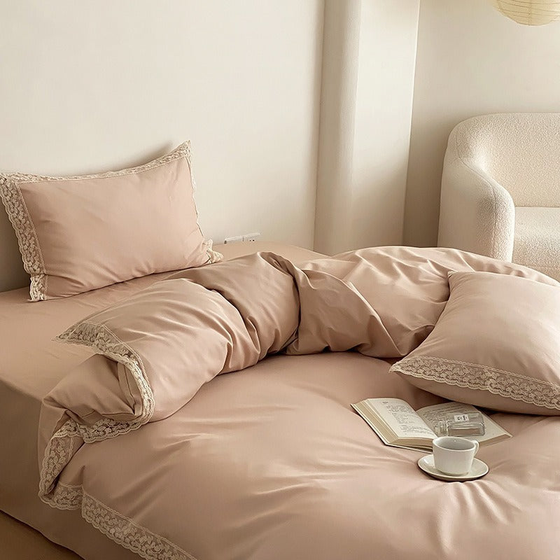 VILZSTUDIOS dusty rose cotton duvet cover set with scalloped floral lace borders