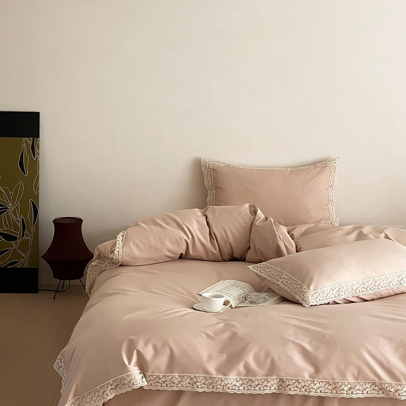 VILZSTUDIOS dusty rose cotton duvet cover set with scalloped floral lace borders
