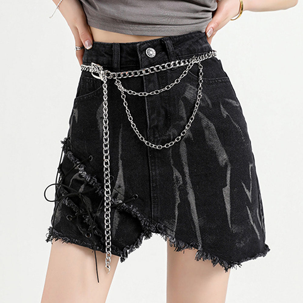 VILZSTUDIOS Asymmetrical black denim skirt with frayed edges and lace-up details
