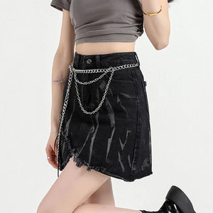 VILZSTUDIOS Asymmetrical black denim skirt with frayed edges and lace-up details
