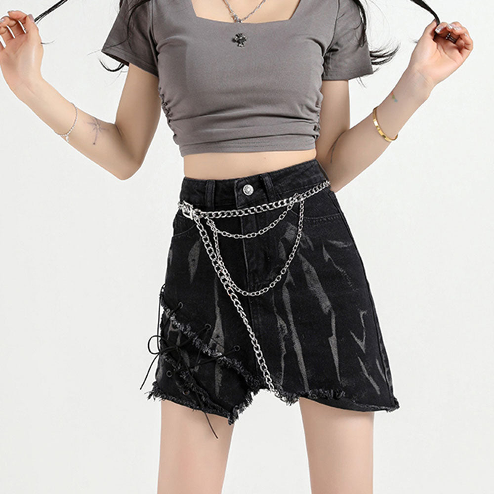 VILZSTUDIOS Asymmetrical black denim skirt with frayed edges and lace-up details