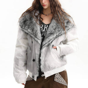 VILZSTUDIOS Fur trim jacket with silver-grey collar and padded design