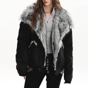 VILZSTUDIOS Fur trim jacket with silver-grey collar and padded design