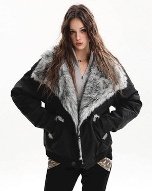 VILZSTUDIOS Fur trim jacket with silver-grey collar and padded design