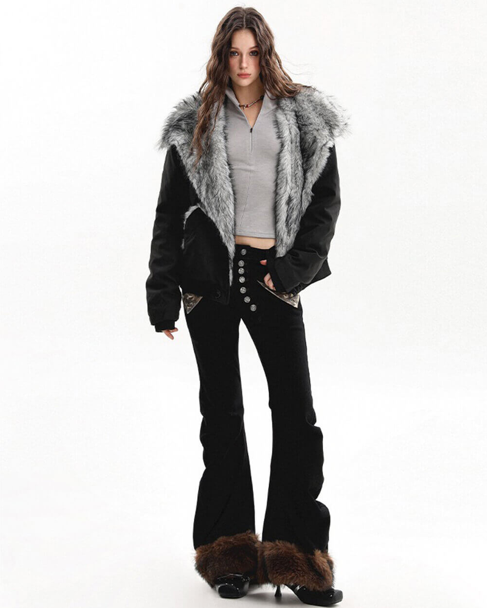 VILZSTUDIOS Fur trim jacket with silver-grey collar and padded design