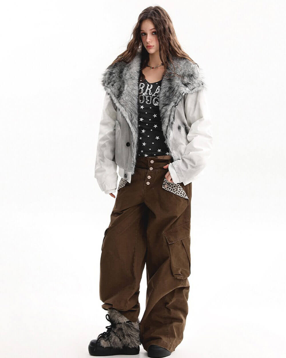 VILZSTUDIOS Fur trim jacket with silver-grey collar and padded design