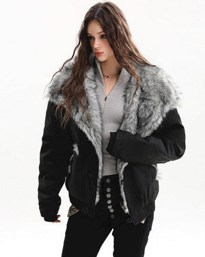 VILZSTUDIOS Fur trim jacket with silver-grey collar and padded design