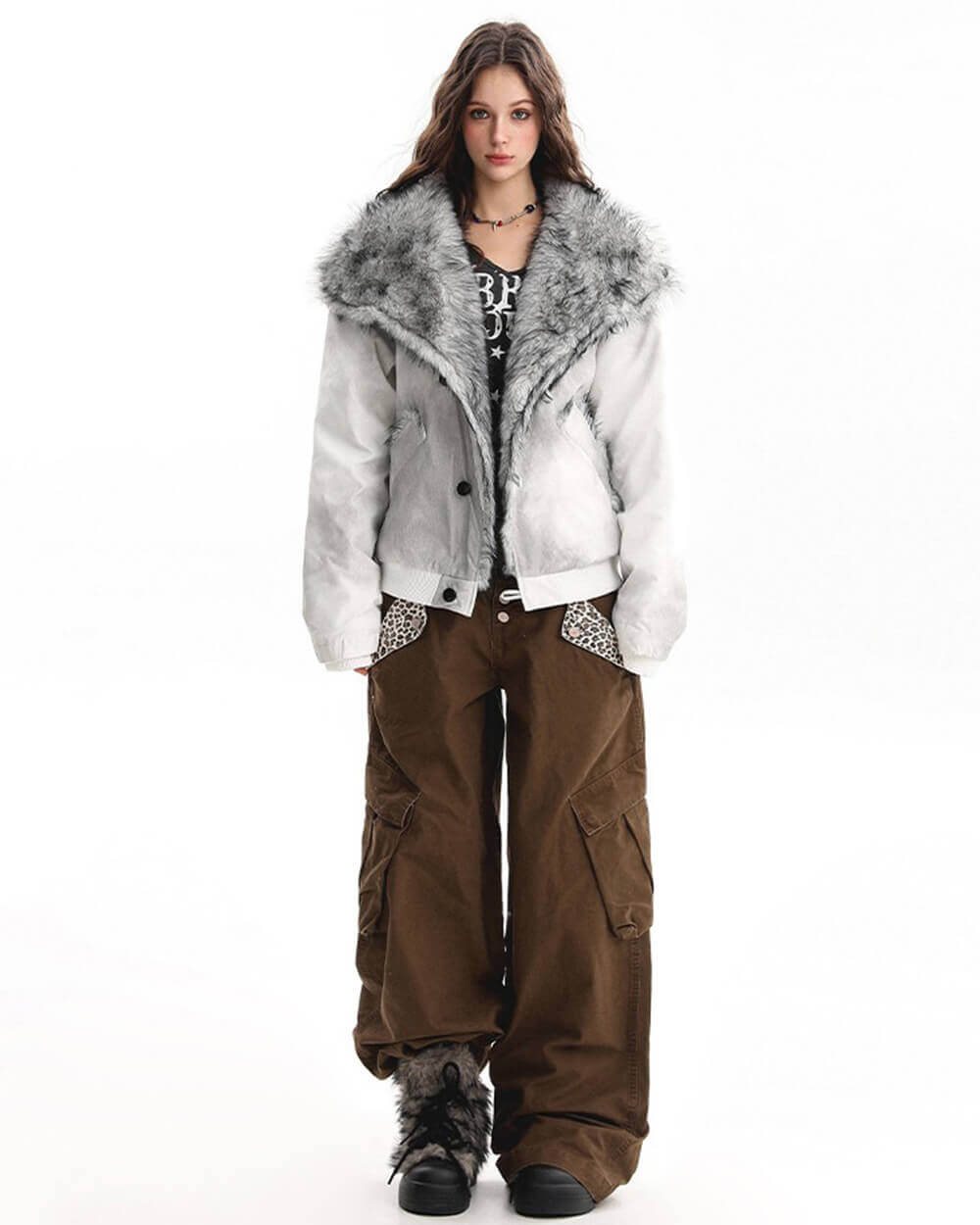 VILZSTUDIOS Fur trim jacket with silver-grey collar and padded design