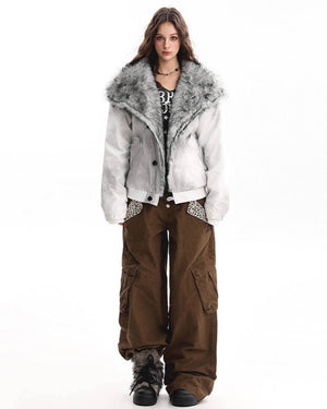 VILZSTUDIOS Fur trim jacket with silver-grey collar and padded design