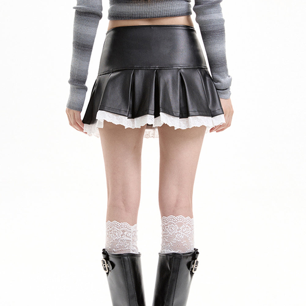 VILZSTUDIOS Faux leather mini skirt with lace details