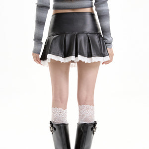 VILZSTUDIOS Faux leather mini skirt with lace details