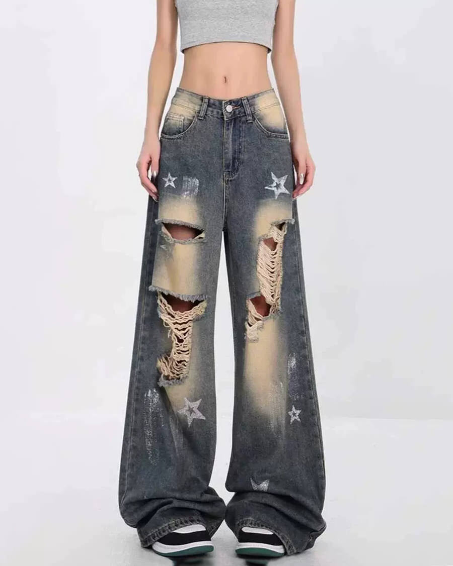 VILZSTUDIOS Distressed wide-leg jeans with star patches