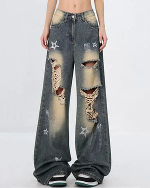 VILZSTUDIOS Distressed wide-leg jeans with star patches