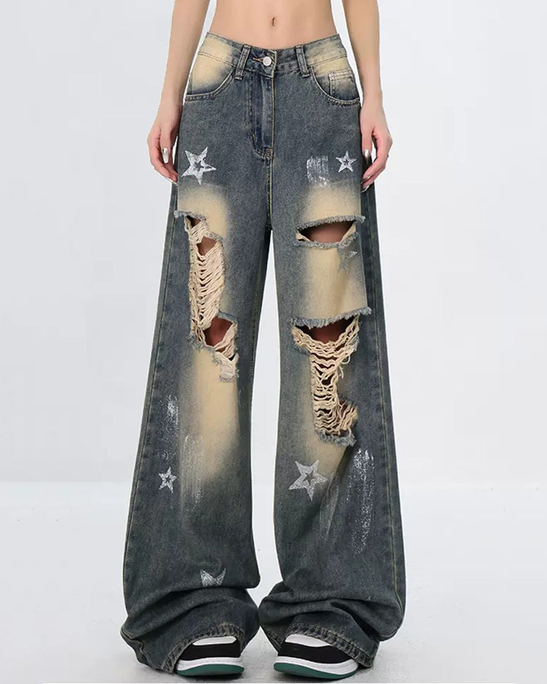 VILZSTUDIOS Distressed wide-leg jeans with star patches