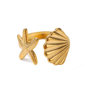 VILZSTUDIOS Adjustable starfish and shell ring with oceanic charm