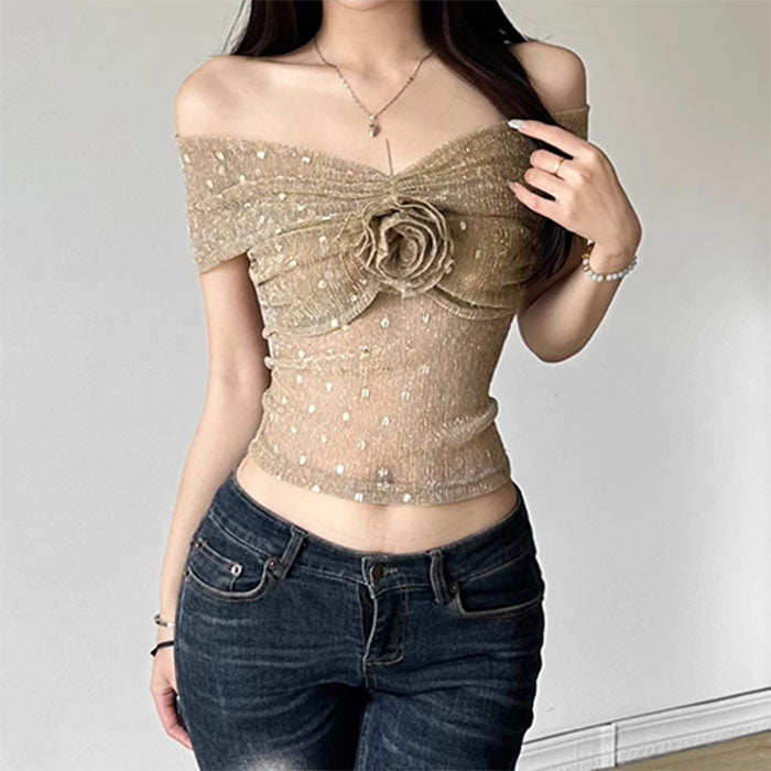 VILZSTUDIOS Elegant rose Bardot mesh top for stylish outfits