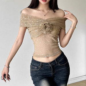 VILZSTUDIOS Elegant rose Bardot mesh top for stylish outfits