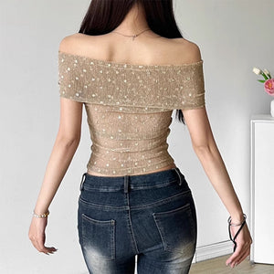 VILZSTUDIOS Elegant rose Bardot mesh top for stylish outfits