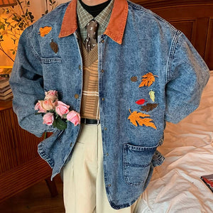 VILZSTUDIOS Embroidered denim jacket with autumn leaves design