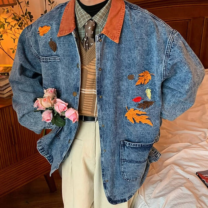 VILZSTUDIOS Embroidered denim jacket with autumn leaves design